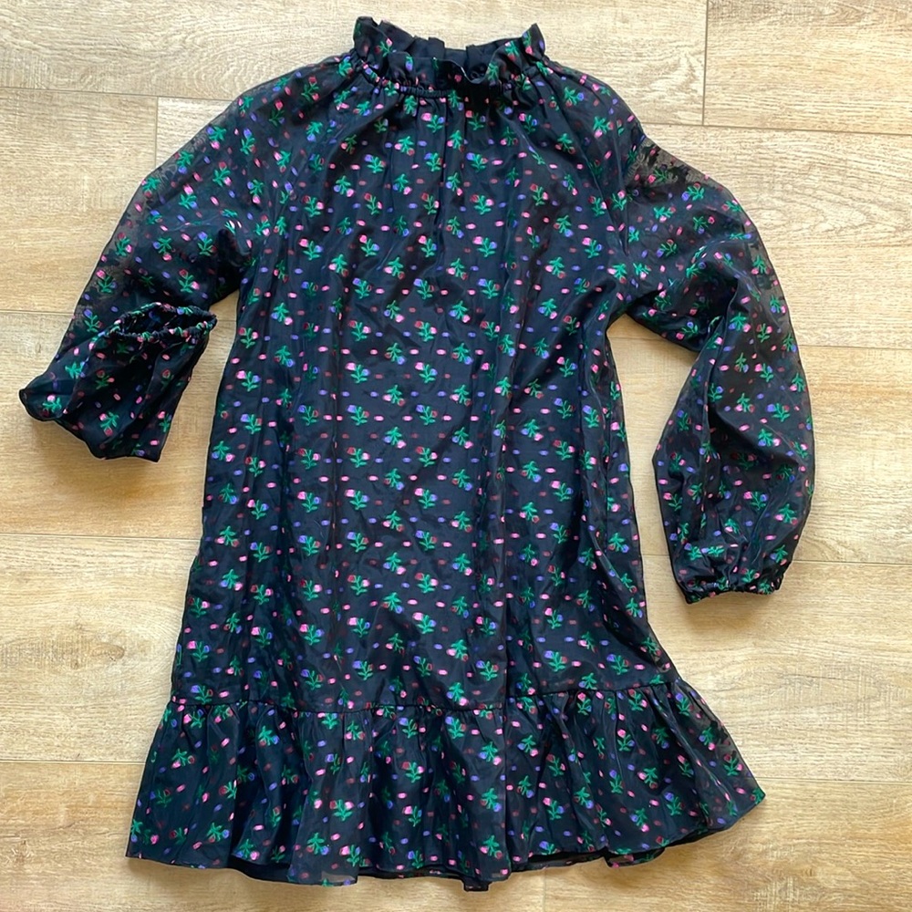 Cinthia Rowley ruffled neck black long sleeve dress with floral pattern, size XS